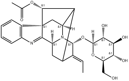 [(17R,19E)-17-アセトキシ-1,2,19,20-テトラデヒドロ-1-デメチルアジュマラン-21α-イル]β-D-グルコピラノシド 化学構造式