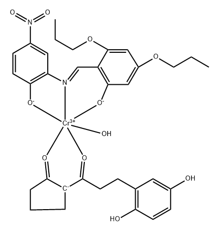 aqua[2-[3-(2,5-dihydroxyphenyl)-1-oxopropyl]cyclopentanonato][2-[[(2-hydroxy-5-nitrophenyl)imino]methyl]-3,5-dipropoxyphenolato(2-)]chromium Structure