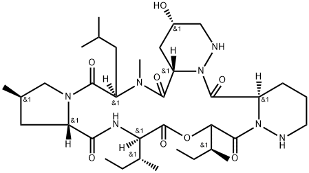 Cyclo[(3S,5S)-hexahydro-5-hydroxy-3-pyridazinecarbonyl-N-methyl-D-leucyl-(4R)-4-methyl-L-prolyl-D-isoleucyl-(2S,3S)-2-hydroxy-3-methylpentanoyl-(3R)-hexahydro-3-pyridazinecarbonyl] Struktur