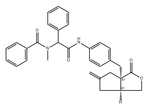 Benzeneacetamide, alpha-(benzoylmethylamino)-N-[4-[[(3aR,6aR)-tetrahydro-5-methylene-3-oxo-1H-cyclopenta[c]furan-3a(3H)-yl]methyl]phenyl]-, rel- (9CI) Struktur