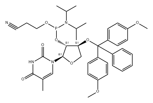 1-{2’-O-[(2-Cyanoethoxy)(diisopropyl amino)phosphino]-3’-O-[(4,4’-dimethoxytriphenyl)methyl]-?-L-threofuranosyl} thymine Structure