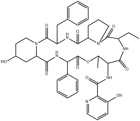 N-[(3-Hydroxy-2-pyridinyl)carbonyl]cyclo[L-Thr*-D-Abu-L-Pro-L-Phe-[(4R)-4-hydroxy-L-pipecoloyl]-L-phenyl Gly-] Structure