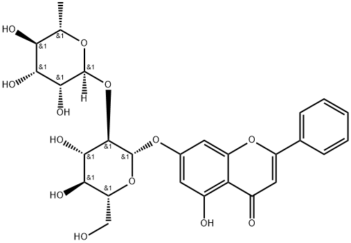4H-1-Benzopyran-4-one, 7-[[2-O-(6-deoxy-α-L-mannopyranosyl)-β-D-glucopyranosyl]oxy]-5-hydroxy-2-phenyl- 结构式