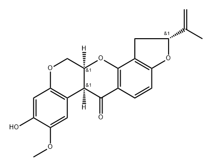 [1]Benzopyrano[3,4-b]furo[2,3-h][1]benzopyran-6(6aH)-one, 1,2,12,12a-tetrahydro-9-hydroxy-8-methoxy-2-(1-methylethenyl)-, [2R-(2α,6aα,12aα)]- (9CI) Struktur