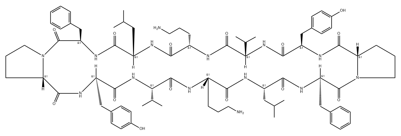 シクロ(L-Leu-L-Phe-L-Pro-L-Tyr-L-Val-L-Orn-L-Leu-L-Phe-L-Pro-L-Tyr-L-Val-L-Orn-) 化学構造式