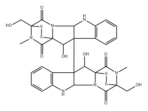 [10b,10'b(11H,11'H)-Bi-3,11a-epidithio-11aH-pyrazino[1',2':1,5]pyrrolo[2,3-b]indole]-1,1',4,4'-tetrone, 2,2',3,3',5a,5'a,6,6'-octahydro-11,11'-dihydroxy-3,3'-bis(hydroxymethyl)-2,2'-dimethyl-, (3S,3'S,5aR,5'aR,10bS,10'bS,11S,11'S,11aS,11'aS)- Structure