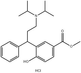 Benzoic acid, 3-[3-[bis(1-methylethyl)amino]-1-phenylpropyl]-4-hydroxy-, methyl ester, hydrochloride (1:1) Struktur
