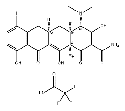 2-Naftacencarboxamide, 4-(dimethylamin)-1,4,4a,5,5a,6,11,12a-octahydro-3,10,12,12a-tetrahydroxy-7-iodo-1,11-dioxo-, (4S,4aS,5aR,12aS)-, mono(trifluoroacetate) (salt) Struktur