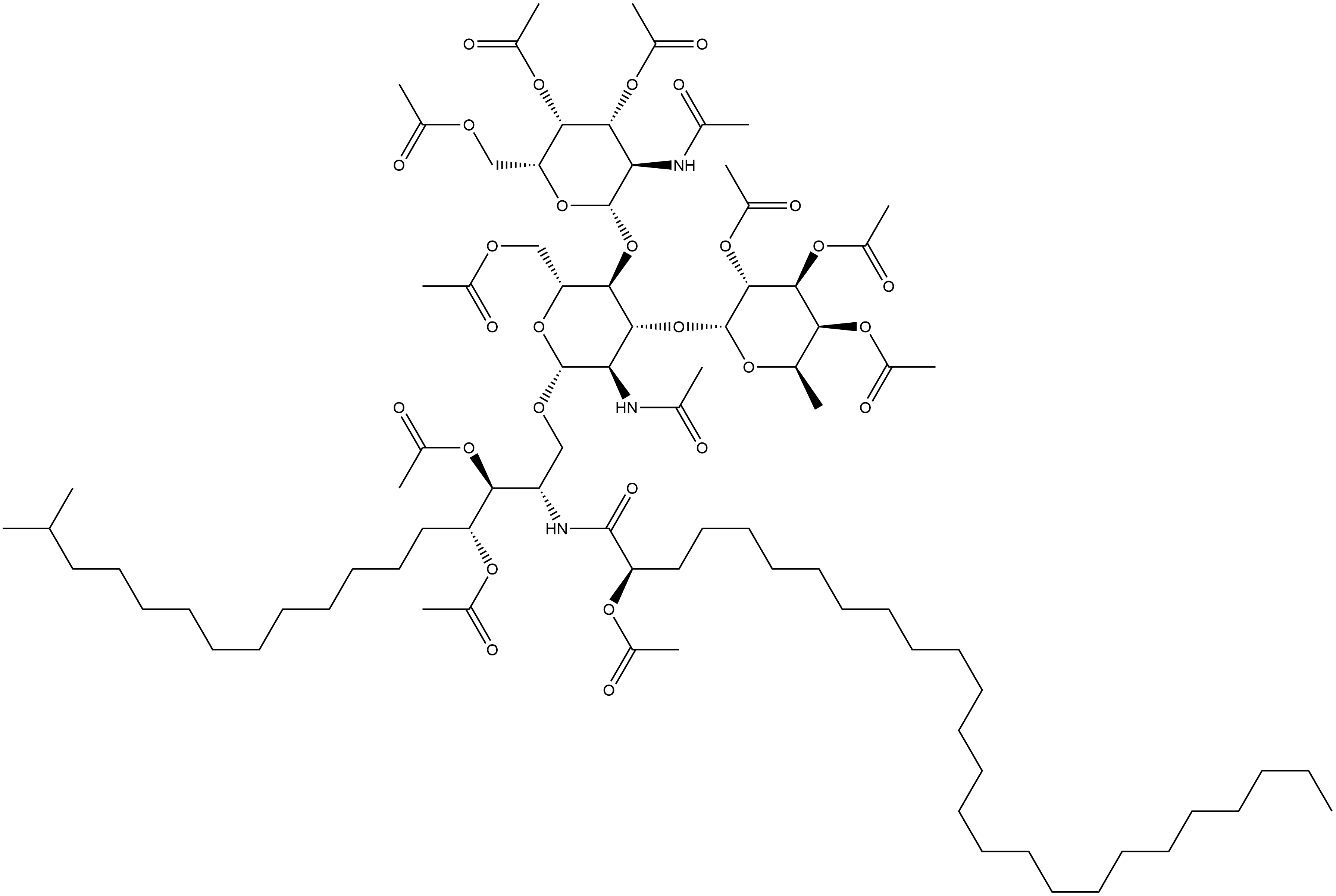 (2R)-2-(Acetyloxy)-N-[(1S,2S,3R)-2,3-bis(acetyloxy)-15-methyl-1-[[[O-3,4,6-tri-O-acetyl-2-(acetylamino)-2-deoxy-β-D-galactopyranosyl-(1→4)-O-[2,3,4-tri-O-acetyl-6-deoxy-α-D-galactopyranosyl-(1→3)]-6-O-acetyl-2-(acetylamino)-2-deoxy-β-D-glucopyranosyl]oxy]methyl]hexadecyl]hexacosanamide 结构式
