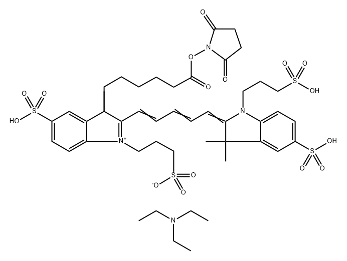 3H-Indolium, 2-[5-[1,3-dihydro-3,3-dimethyl-5-sulfo-1-(3-sulfopropyl)-2H-indol-2-ylidene]-1,3-pentadien-1-yl]-3-[6-[(2,5-dioxo-1-pyrrolidinyl)oxy]-6-oxohexyl]-3-methyl-5-sulfo-1-(3-sulfopropyl)-, inner salt, compd. with N,N-diethylethanamine (1:3) Structure
