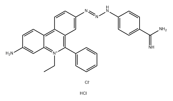 Phenanthridinium, 3-amino-8-[3-[4-(aminoiminomethyl)phenyl]-2-triazen-1-yl]-5-ethyl-6-phenyl-, chloride, hydrochloride (1:1:1) Structure