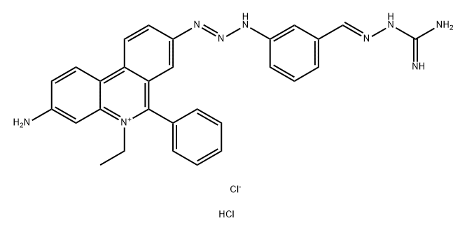 Phenanthridinium, 3-amino-8-(3-(3-(((aminoiminomethyl)hydrazono)methyl)phenyl)-1-triazenyl)-5-ethyl-6-phenyl-, chloride, monohydrochloride Structure