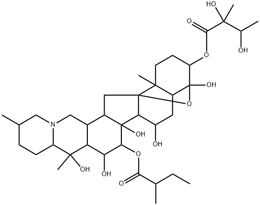 4α,9-Epoxycevane-3β,4,7α,14,15α,16β,20-heptol 3-[(2R,3R)-2,3-dihydroxy-2-methylbutanoate]15-[(R)-2-methylbutanoate],426-34-6,结构式