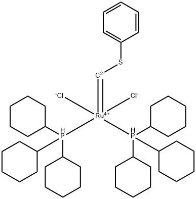 三环己基膦[3-苯基-1H-茚-1-亚基][1,3-双(2,4,6-三甲基苯基)-4,5-二氢咪唑-2-亚基]二氯化钌(II) 结构式
