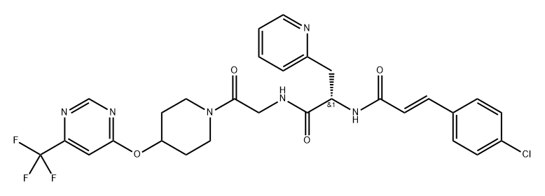 (E)-3-(4-クロロフェニル)-N-[(2S)-1-オキソ-1-[[2-オキソ-2-[4-[[6-(トリフルオロメチル)-4-ピリミジニル]オキシ]ピペリジノ]エチル]アミノ]-3-(2-ピリジル)プロパン-2-イル]プロペンアミド 化学構造式