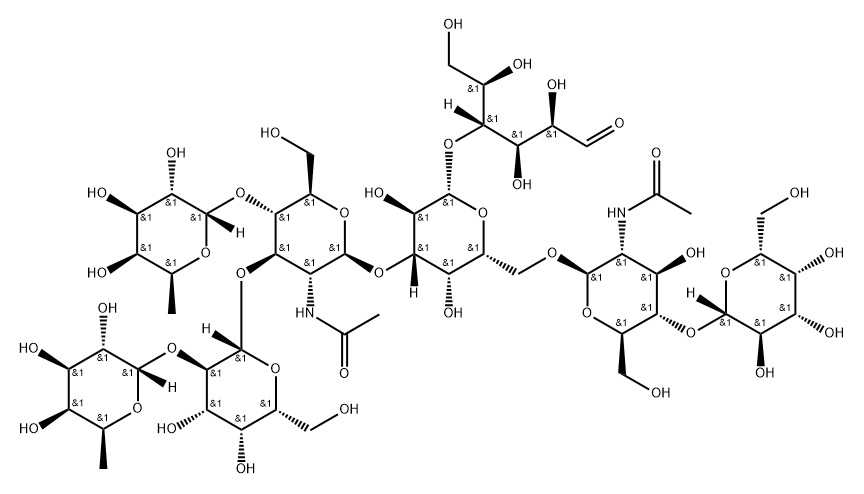 O-6-脱氧-ALPHA-L-吡喃半乳糖基-(1-2)-O-BETA-D-吡喃半乳糖基-(1-3)-O-[6-脱氧-ALPHA-L-吡喃半乳糖基-(1-4)]-O-2-(乙酰氨基)-2-脱氧-BETA-D-吡喃葡萄糖基-(1-3)-O-[O-BETA-D-吡喃半乳糖基-(1-4)-2-(乙酰氨基)-2-脱氧-BETA-D-吡喃葡萄糖基-(1-6)]-O-BETA-D-吡喃半乳糖基-(1-4)-D-葡萄糖, 443361-17-9, 结构式