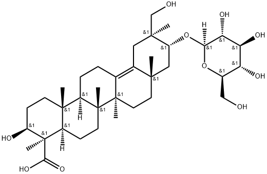 21-O-β-D-glucopyranosyl-3β,21α,30-trihydroxyolean-13(18)-en-24-oic acid Structure
