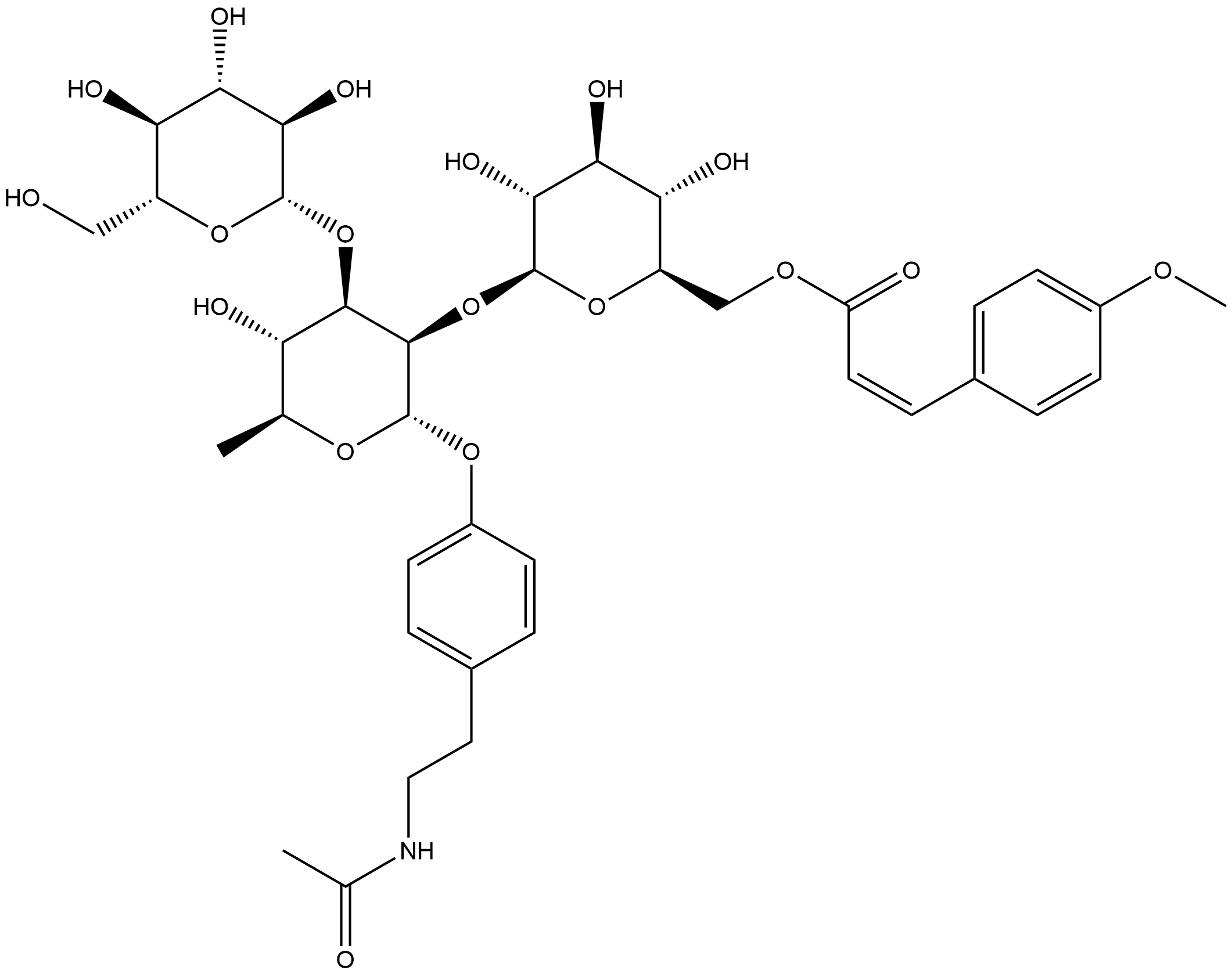 4-乙酰胺基乙基苯基1-O-[6-O-P-甲氧基香豆酰基-Β-D-吡喃葡萄糖基(1→2)-[Β-D-吡喃葡萄糖基(1→3)]-Α-L-吡喃鼠李糖苷,477868-10-3,结构式