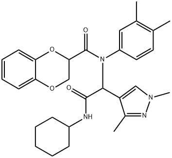 1H-Pyrazole-4-acetamide,N-cyclohexyl-alpha-[[(2,3-dihydro-1,4-benzodioxin-2-yl)carbonyl](3,4-dimethylphenyl)amino]-1,3-dimethyl-(9CI) Structure