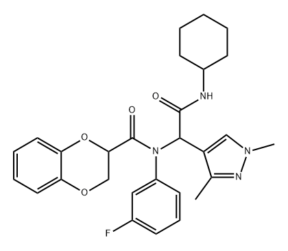 1H-Pyrazole-4-acetamide,N-cyclohexyl-alpha-[[(2,3-dihydro-1,4-benzodioxin-2-yl)carbonyl](3-fluorophenyl)amino]-1,3-dimethyl-(9CI) Structure