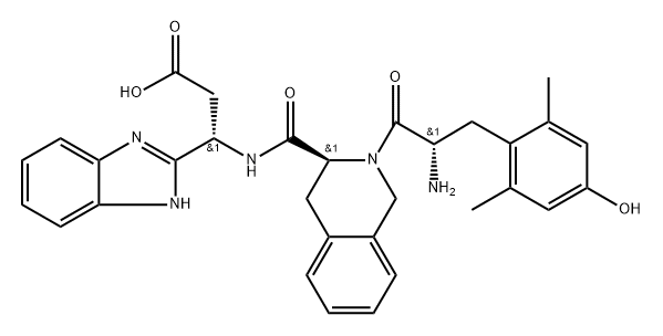 1H-Benzimidazole-2-propanoic acid, β-[[[(3S)-2-[(2S)-2-amino-3-(4-hydroxy-2,6-dimethylphenyl)-1-oxopropyl]-1,2,3,4-tetrahydro-3-isoquinolinyl]carbonyl]amino]-, (βS)- Structure