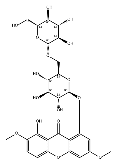 9H-Xanthen-9-one, 8-[(6-O-β-D-glucopyranosyl-β-D-glucopyranosyl)oxy]-1-hydroxy-2,6-dimethoxy- Struktur