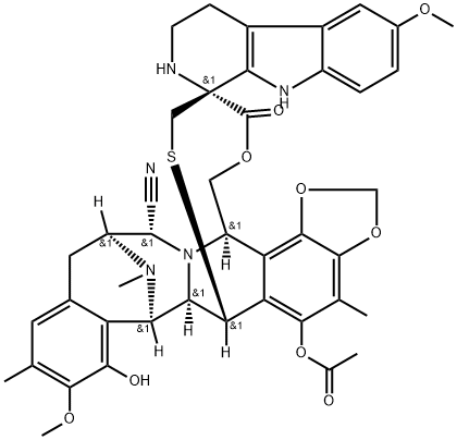 Spiro[6,16-(epithiopropanoxymethano)-7,13-imino-12H-1,3-dioxolo[7,8]isoquino[3,2-b][3]benzazocine-20,1'-[1H]pyrido[3,4-b]indole]-14-carbonitrile, 5-(acetyloxy)-2',3',4',6,6a,7,9',13,14,16-decahydro-8-hydroxy-6',9-dimethoxy-4,10,23-trimethyl-19-oxo-, (1'R,6R,6aR,7R,13S,14R,16R)- (9CI)