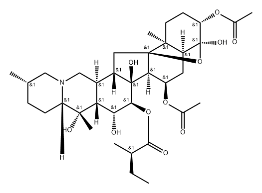 4α,9-エポキシセバン-3β,4,7α,14,15α,16β,20-ヘプタオール3,7-ジアセタート15-[(R)-2-メチルブタノアート] 化学構造式