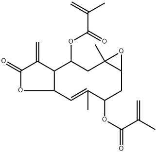 rel-ジメタクリル酸(1aR*,3S*,4Z,5aR*,8aR*,9R*,10aR*)-3-アセトキシ-1a,2,3,5a,7,8,8a,9,10,10a-デカヒドロ-4,10a-ジメチル-8-メチレン-7-オキソオキシレノ[5,6]シクロデカ[1,2-b]フラン-3,9-ジイル 化学構造式
