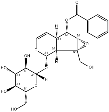 [(1aS)-6α-ベンゾイルオキシ-1a,1bα,2,5aα,6,6aβ-ヘキサヒドロ-1a-ヒドロキシメチルオキシレノ[4,5]シクロペンタ[1,2-c]ピラン-2α-イル]β-D-グルコピラノシド 化学構造式