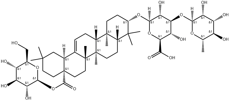 β-D-Glucopyranosiduronic acid, (3β)-28-(β-D-glucopyranosyloxy)-28-oxoolean-12-en-3-yl 3-O-(6-deoxy-α-L-mannopyranosyl)- Struktur