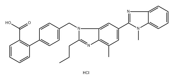 [1,1'-Biphenyl]-2-carboxylic acid, 4'-[(1,4'-dimethyl-2'-propyl[2,6'-bi-1H-benzimidazol]-1'-yl)methyl]-, hydrochloride (1:1) Struktur