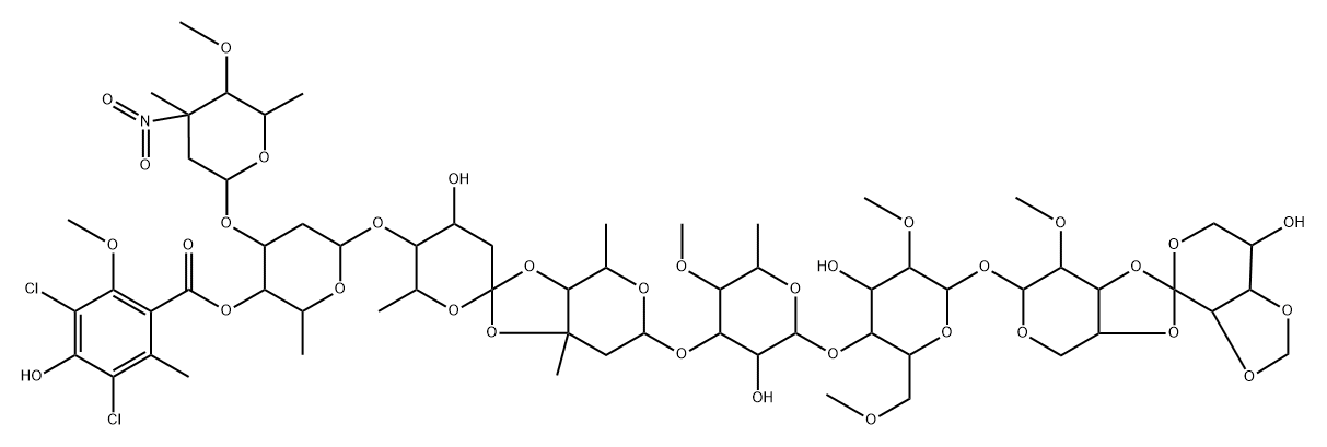 β-D-Mannopyranoside, O-(1R)-2,3-O-methylene-L-arabinopyranosylidene-(1→3-4)-2-O-methyl-α-L-lyxopyranosyl O-2,3,6-trideoxy-3-C-methyl-4-O-methyl-3-nitro-α-L-arabino-hexopyranosyl-(1→3)-O-2,6-dideoxy-4-O-(3,5-dichloro-4-hydroxy-2-methoxy-6-methylbenzoyl)-β-D-arabino-hexopyranosyl-(1→4)-O-2,6-dideoxy-D-arabino-hexopyranosylidene-(1→3-4)-O-2,6-dideoxy-3-C-methyl-β-D-arabino-hexopyranosyl-(1→3)-O-6-deoxy-4-O-methyl-β-D-galactopyranosyl-(1→4)-2,6-di-O-methyl- Structure