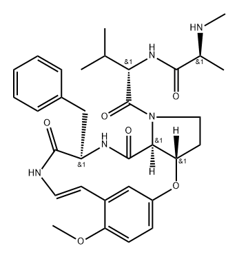 L-Phenylalaninamide, N-methyl-L-alanyl-L-valyl-(3S)-3-hydroxy-L-prolyl-N-[(1Z)-2-(5-hydroxy-2-methoxyphenyl)ethenyl]-, cyclic (3→4)-ether 结构式