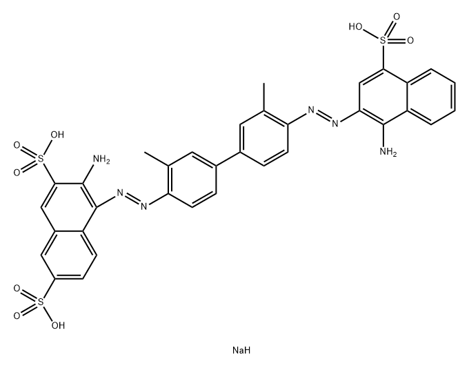 3-アミノ-4-[[4'-[(1-アミノ-4-スルホ-2-ナフチル)アゾ]-3,3'-ジメチル-1,1'-ビフェニル-4-イル]アゾ]-2,7-ナフタレンジスルホン酸三ナトリウム 化学構造式