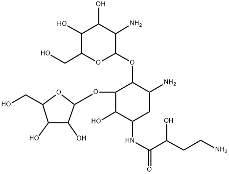 4-O-(2-Amino-2-deoxy-α-D-glucopyranosyl)-5-O-β-D-xylofuranosyl-N-[(S)-4-amino-2-hydroxybutyryl]-2-deoxy-D-streptamine Structure