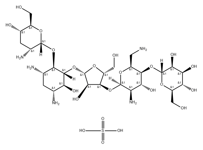 d-Streptamine, O-2-amino-2,3-dideoxy-alpha-d-ribo-hexopyranosyl-(1->4)-O-[O-alpha-d-mannopyranosyl-(1->4)-O-2,6-diamino-2,6-dideoxy-beta-l-idopyranosyl-(1->3)-beta-d-ribofuranosyl-(1->5)]-2-deoxy-, sulfate (salt) Struktur