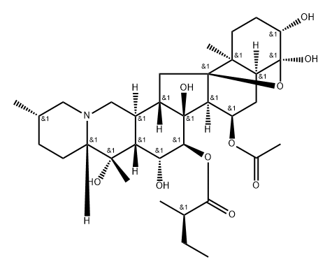 4α,9-Epoxycevane-3β,4,7α,14,15α,16β,20-heptol 7-acetate 15-[(R)-2-methylbutanoate] Struktur