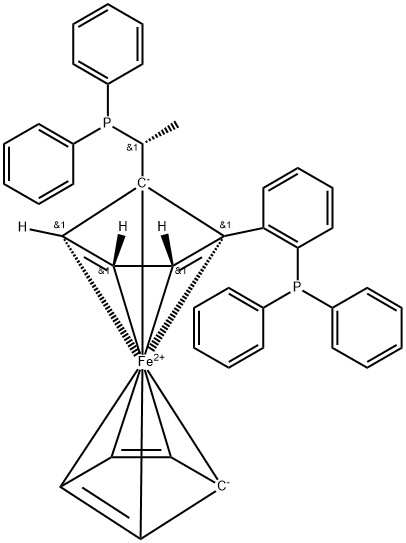 (R)-(+)-1-[(R)-2-(2'-ジフェニルホスフィノフェニル)フェロセニル]エチルジフェニルホスフィン 化学構造式