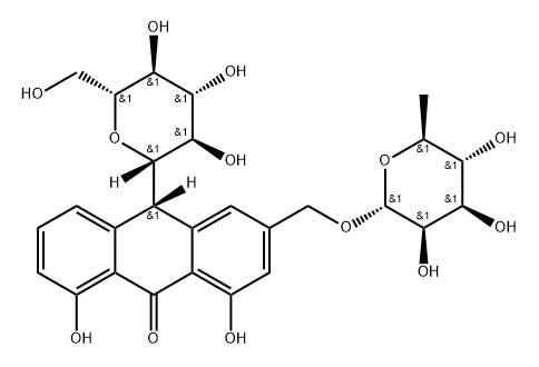 9(10H)-Anthracenone, 3-[[(6-deoxy-α-L-mannopyranosyl)oxy]methyl]-10-β-D-glucopyranosyl-1,8-dihydroxy-, (10S)- Struktur