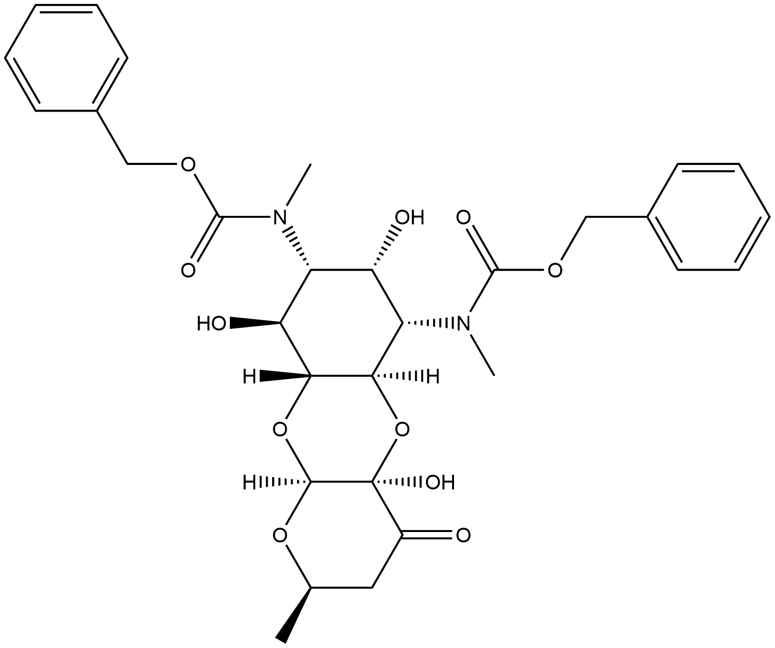 Carbamic acid, [(2R,4aR,5aR,6S,7S,8R,9S,9aR,10aS)-decahydro-4a,7,9-trihydroxy-2-methyl-4-oxo-2H-pyrano[2,3-b][1,4]benzodioxin-6,8-diyl]bis[N-methyl-, C,C'-bis(phenylmethyl) ester Struktur