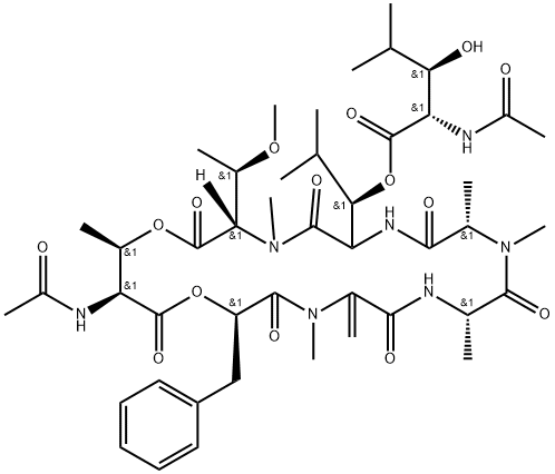 L-Threonine, N-acetyl-L-threonyl-(αR)-α-hydroxybenzenepropanoyl-2,3-didehydro-N-methylalanyl-L-alanyl-N-methyl-L-alanyl-(3R)-3-[[(2S,3R)-2-(acetylamino)-3-hydroxy-4-methyl-1-oxopentyl]oxy]-L-leucyl-N,O-dimethyl-, (7→1)-lactone, 568580-02-9, 结构式
