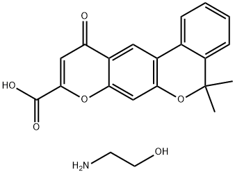 5,5-ジメチル-11-オキソ-5H,11H-[2]ベンゾピラノ[4,3-g][1]ベンゾピラン-9-カルボン酸·2-アミノエタノール 化学構造式