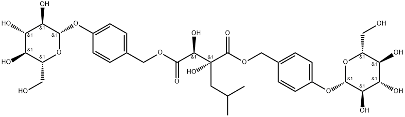 1,4-ビス[(4-{[(2S,3R,4S,5S,6R)-3,4,5-トリヒドロキシ-6-(ヒドロキシメチル)オキサン-2-イル]オキシ}フェニル)メチル] (2R,3S)-2,3-ジヒドロキシ-2-(2-メチルプロピル)ブタンジオアート 化学構造式