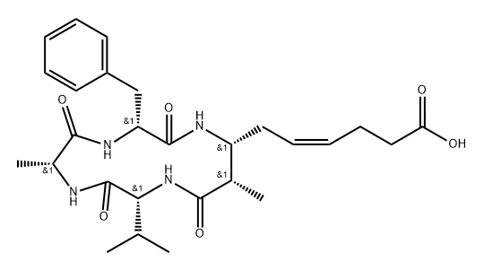 Cyclo[D-alanyl-D-phenylalanyl-(2S,3R,5Z)-3-amino-8-carboxy-2-methyl-5-octenoyl-D-valyl] Structure