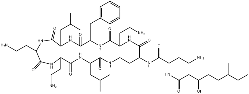 N2-[N2-(3-ヒドロキシ-6-メチル-1-オキソオクチル)-D-DAB-]シクロ[L-DAB*-L-DAB-D-Phe-L-Leu-L-DAB-L-DAB-L-Leu-] 化学構造式