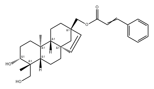 17-Norkaur-15-ene-3,18-diol, 13-[[(1-oxo-3-phenyl-2-propen-1-yl)oxy]methyl]-, (3α,4α,8β,13β)- Struktur