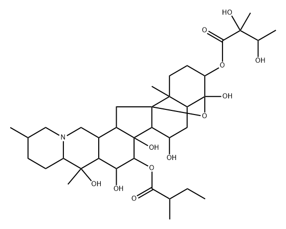 4α,9-エポキシセバン-3β,4,7α,14,15α,16β,20-ヘプタオール3-[(2S,3R)-2,3-ジヒドロキシ-2-メチルブタノアート]15-[(R)-2-メチルブタノアート] 化学構造式