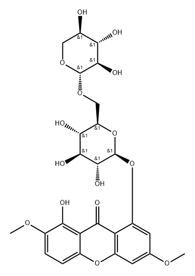 9H-Xanthen-9-one, 1-hydroxy-2,6-dimethoxy-8-[(6-O-β-D-xylopyranosyl-β-D-glucopyranosyl)oxy]- Structure