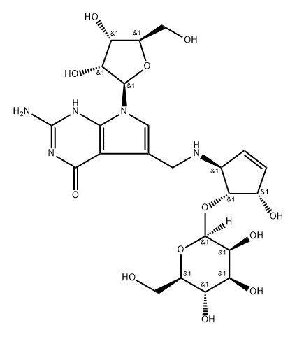 4H-Pyrrolo[2,3-d]pyrimidin-4-one, 2-amino-3,7-dihydro-5-[[[(1S,4S,5R)-4-hydroxy-5-(β-D-mannopyranosyloxy)-2-cyclopenten-1-yl]amino]methyl]-7-β-D-ribofuranosyl- Struktur